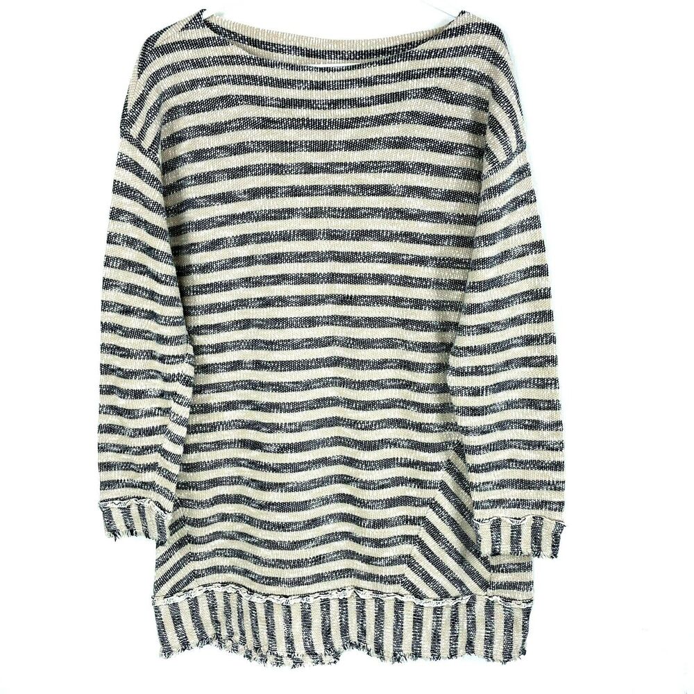 Soft Surroundings Sweater Size Small Frayed Hem Striped Pullover Cream Blue - Picture 2 of 5